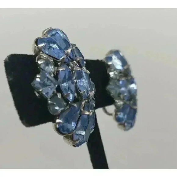 Vintage Earrings Rhinestone Baby Blue Rhodium Plated Clip Big Statement 50s - Picture 6 of 12